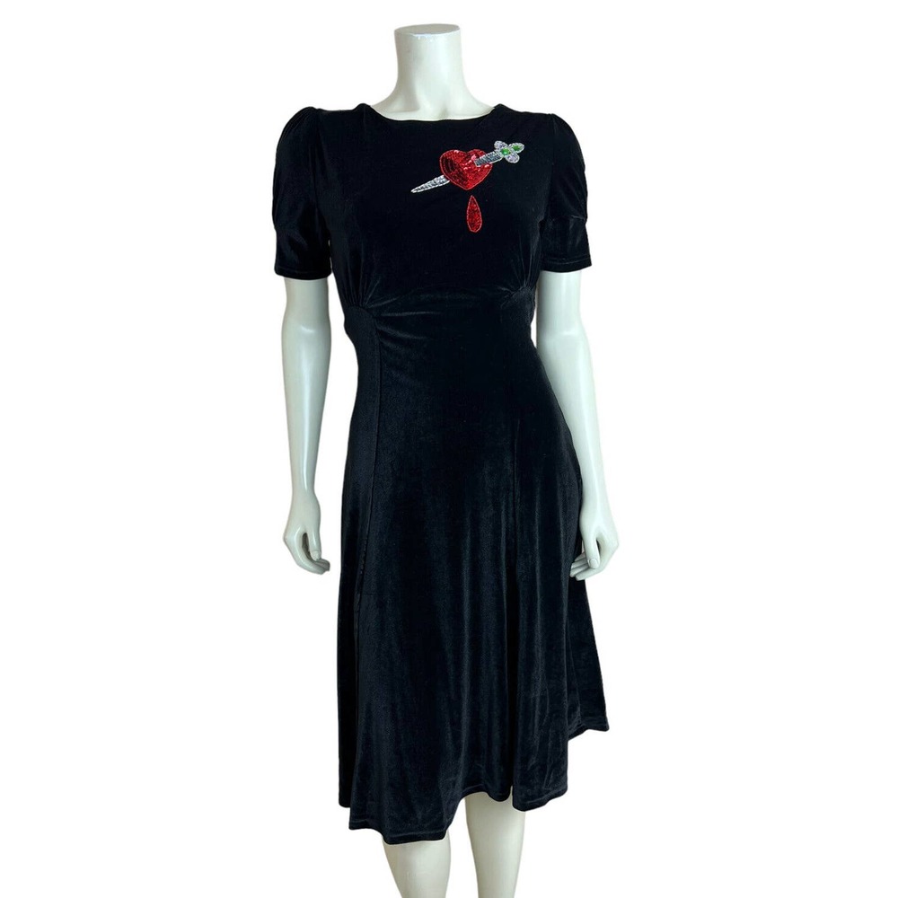 Nicoletta Carlone Black Velvet Dress XS Pierced Heart Sequin Dagger Goth 30s 40s